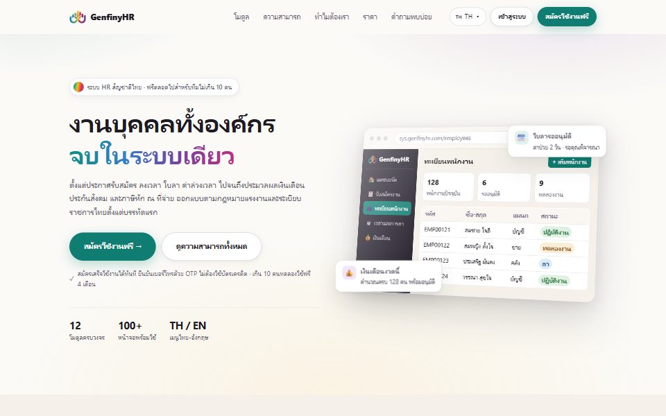 หน้าแรกของเว็บไซต์ GenfinyHR หัวข้อ งานบุคคลทั้งองค์กร จบในระบบเดียว