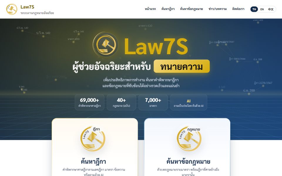 หน้าแรกของเว็บไซต์ Law7S หัวข้อ ผู้ช่วยอัจฉริยะสำหรับทนายความ