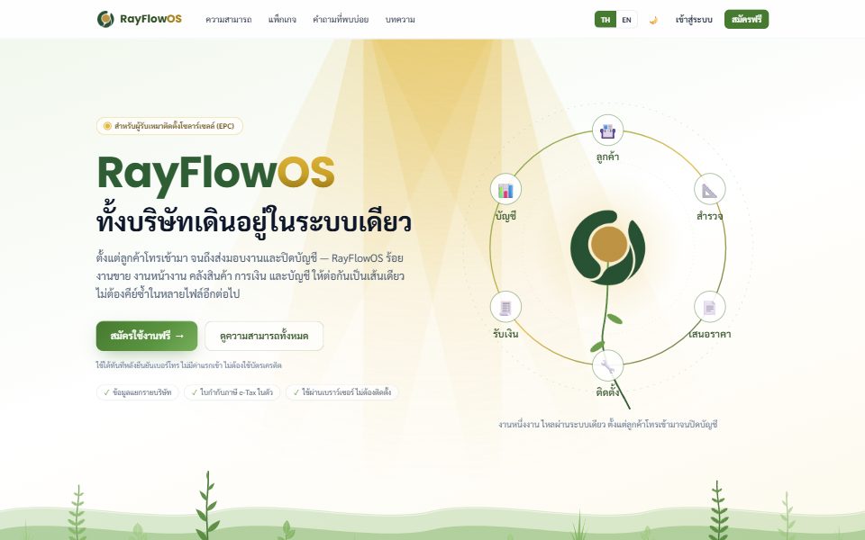 หน้าแรกของเว็บไซต์ RayFlowOS หัวข้อ ทั้งบริษัทเดินอยู่ในระบบเดียว