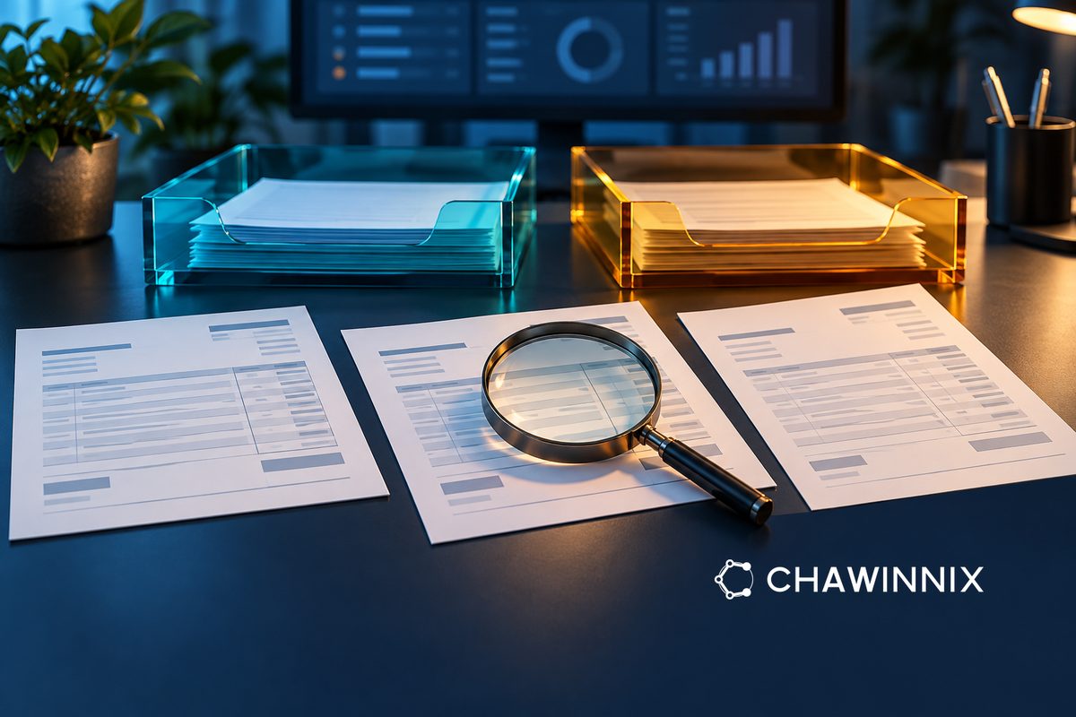 Invoice-style sheets and a magnifying glass beside cyan and amber review trays