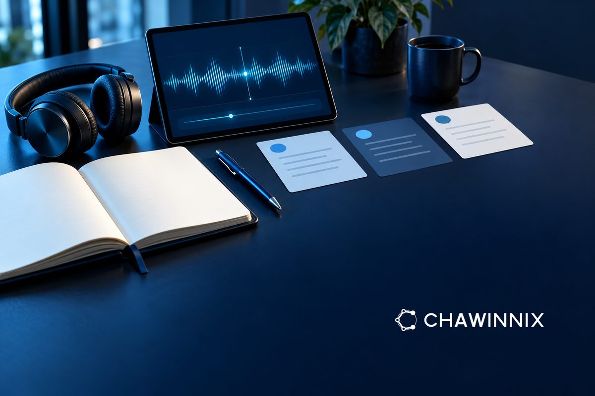 Headphones, a waveform on a tablet and task cards with abstract marks beside a notebook on a navy desk