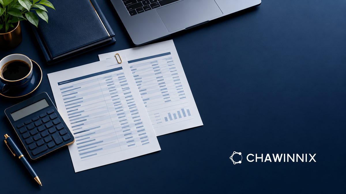 Conceptual transaction sheets and a calculator on a navy desk with the Chawinnix logo