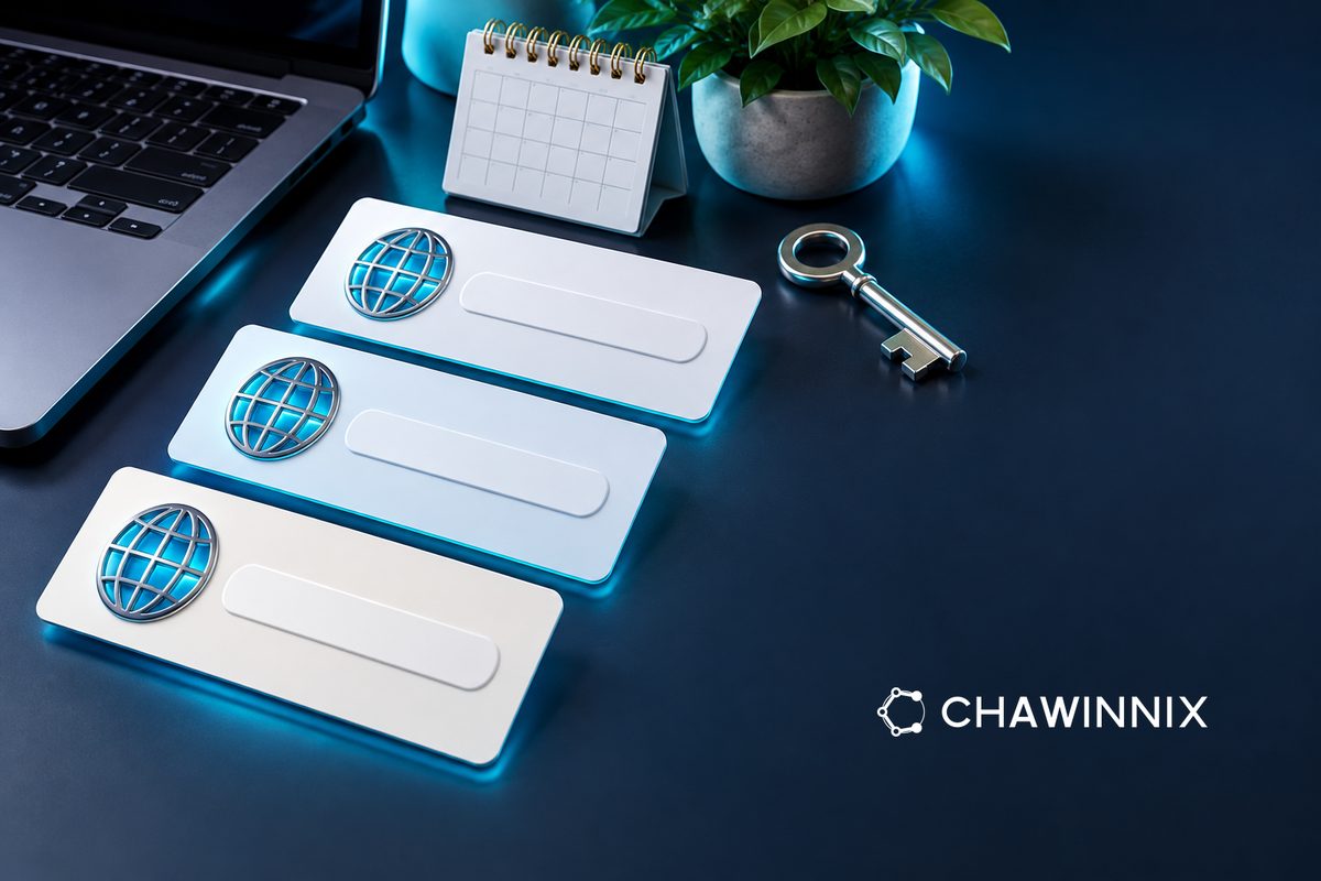 Blank registration cards, a small calendar and a silver key on a navy office desk