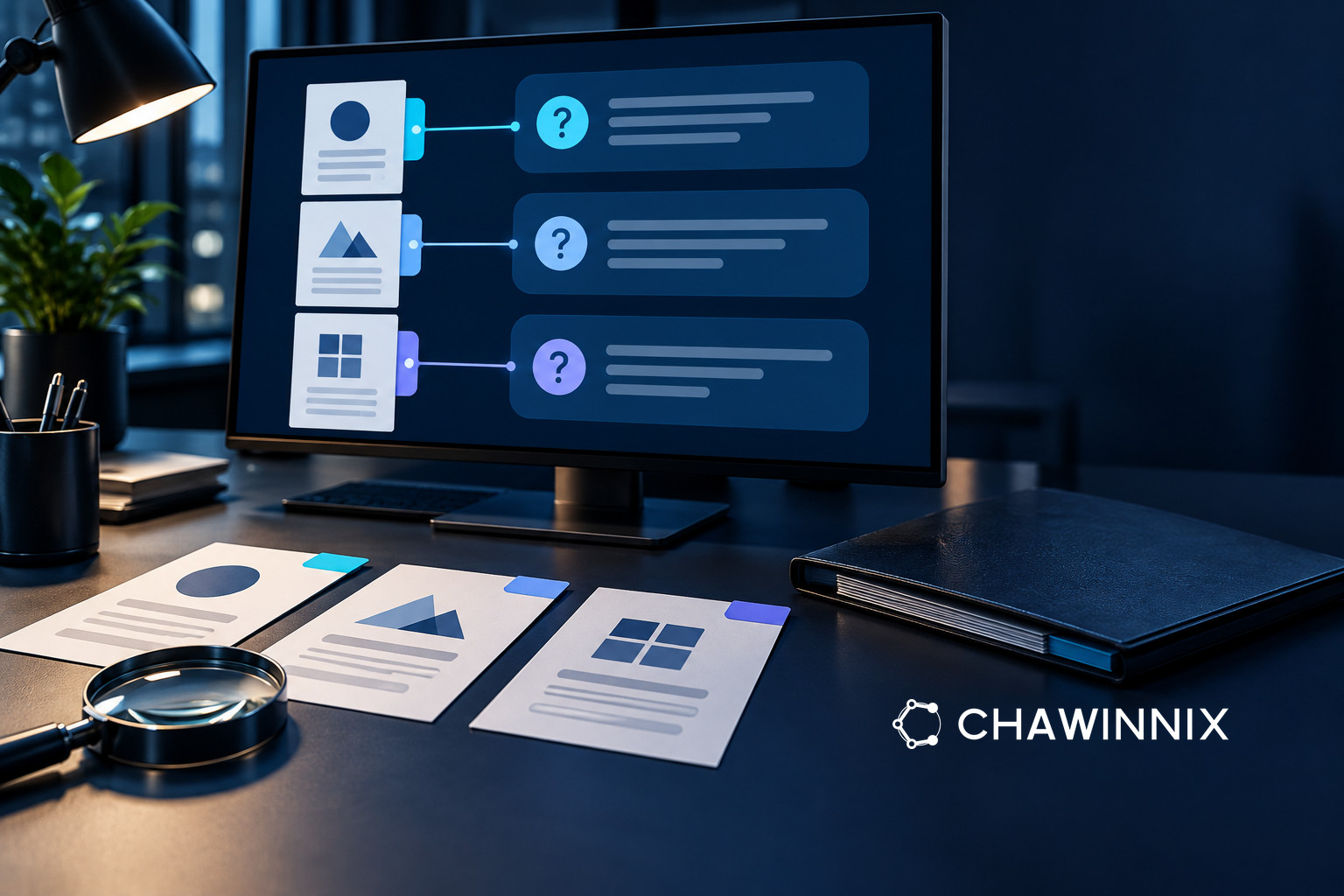 การ์ดเอกสารและสัญลักษณ์คำถามบนจอสำนักงานกรมท่าข้างแฟ้มและแว่นขยาย