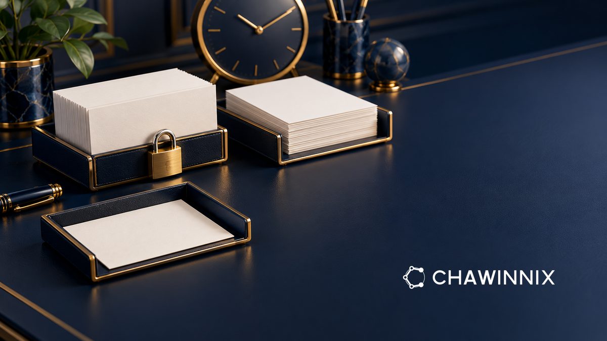 Document trays with a padlock and clock on a navy office desk