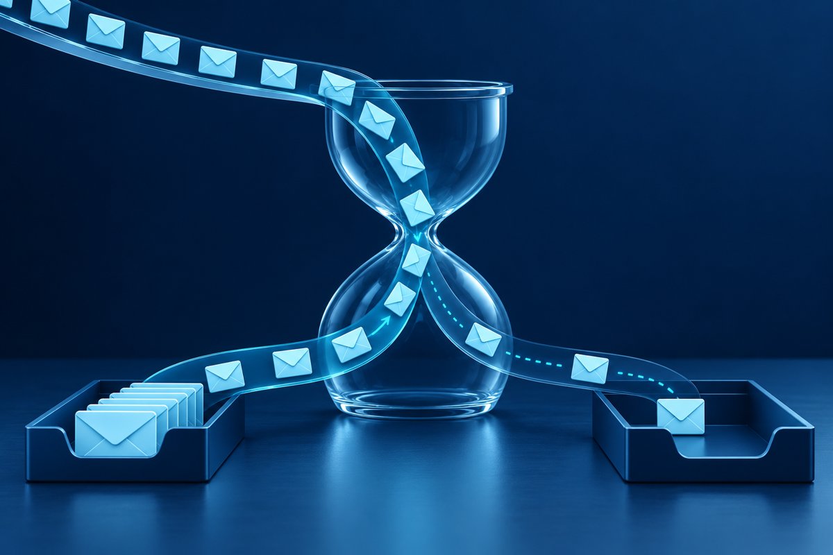 Job envelopes follow paths past an hourglass to two trays