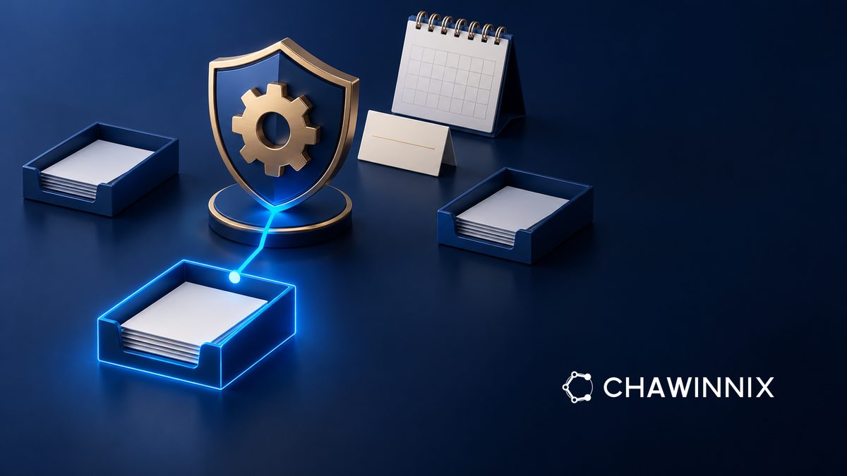 A shield-enclosed gear connected to one file tray beside a blank responsibility card and unnumbered calendar
