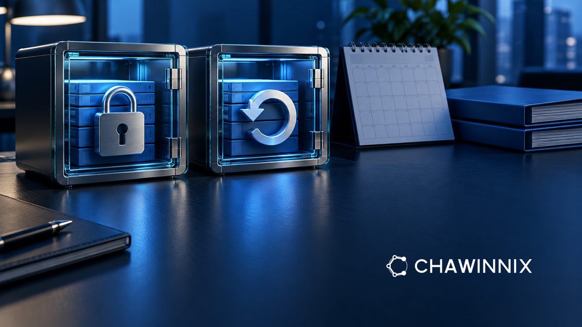 Two storage models with a lock and recovery symbol beside a calendar and blue folders