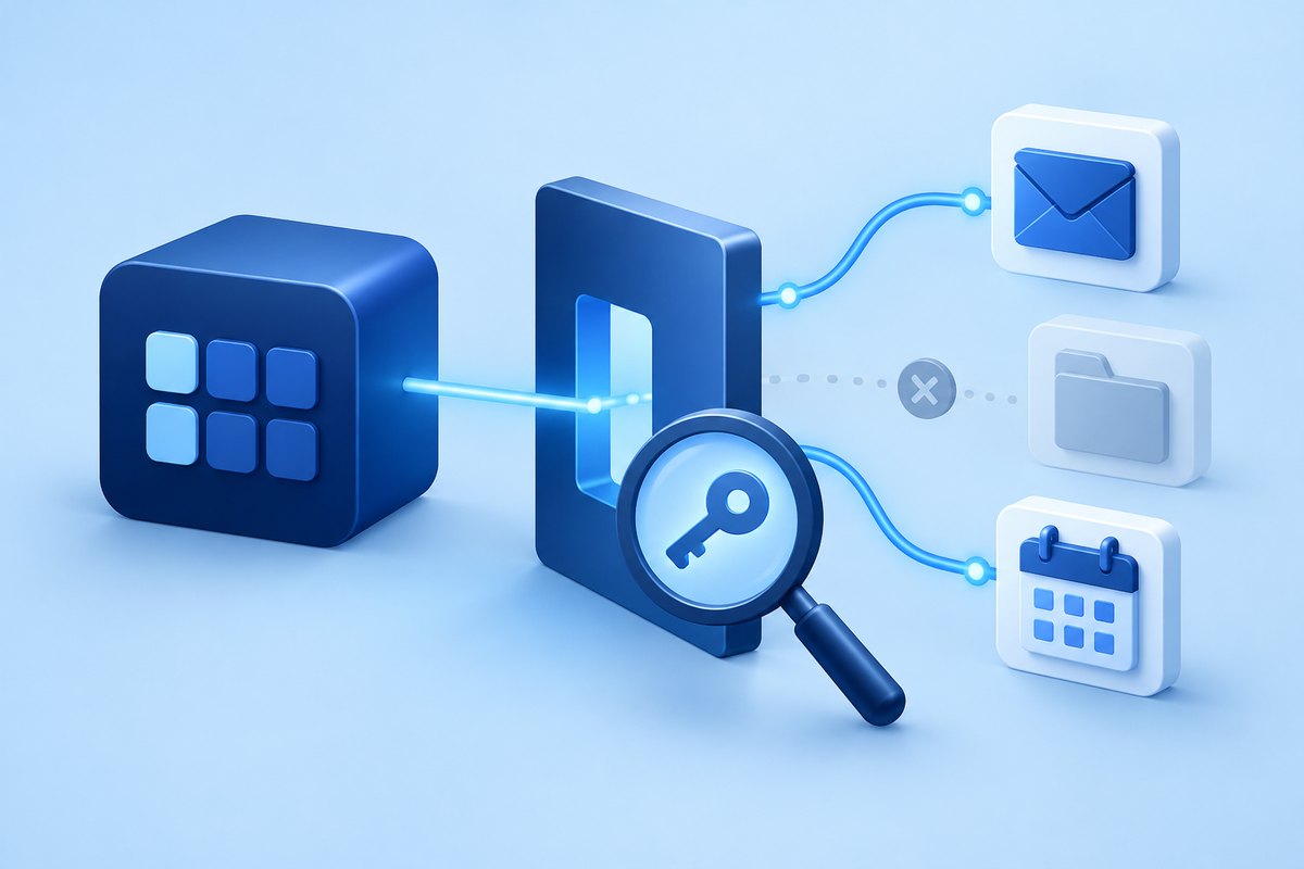 Conceptual app passing a permission gateway to mail, files and a calendar