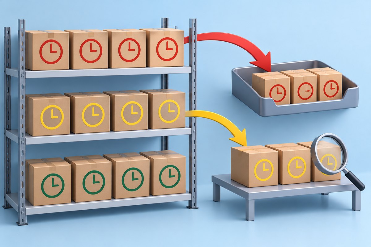 Conceptual product lots with clock symbols and a picking tray
