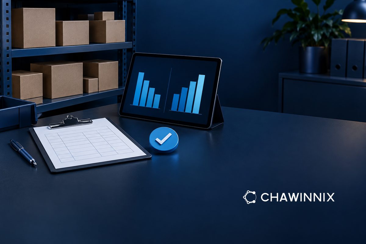 Boxes beside a tablet with two different bar stacks, a blank count sheet and a separate check token